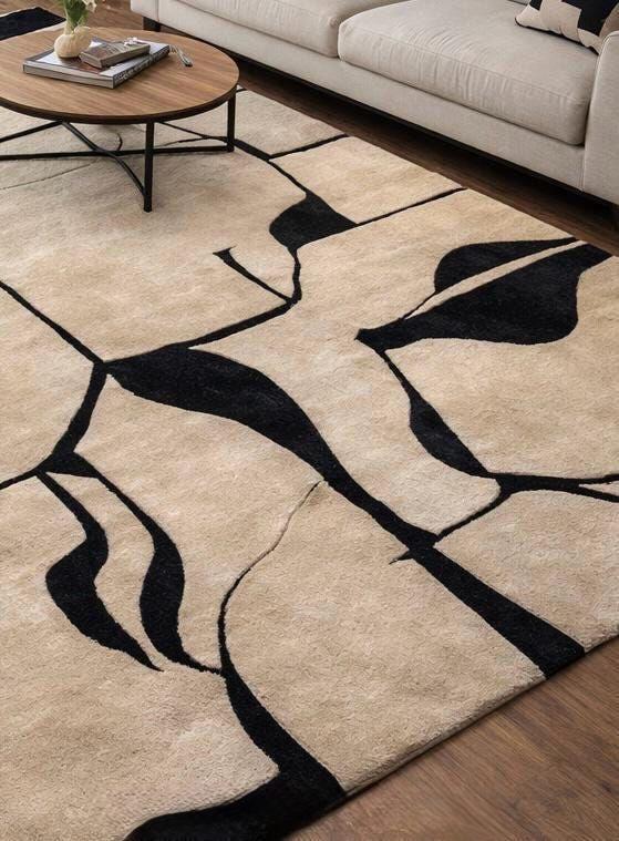Modern Abstract Line Art Area Rug – Contemporary Beige & Black Minimalist Living Room Carpet
