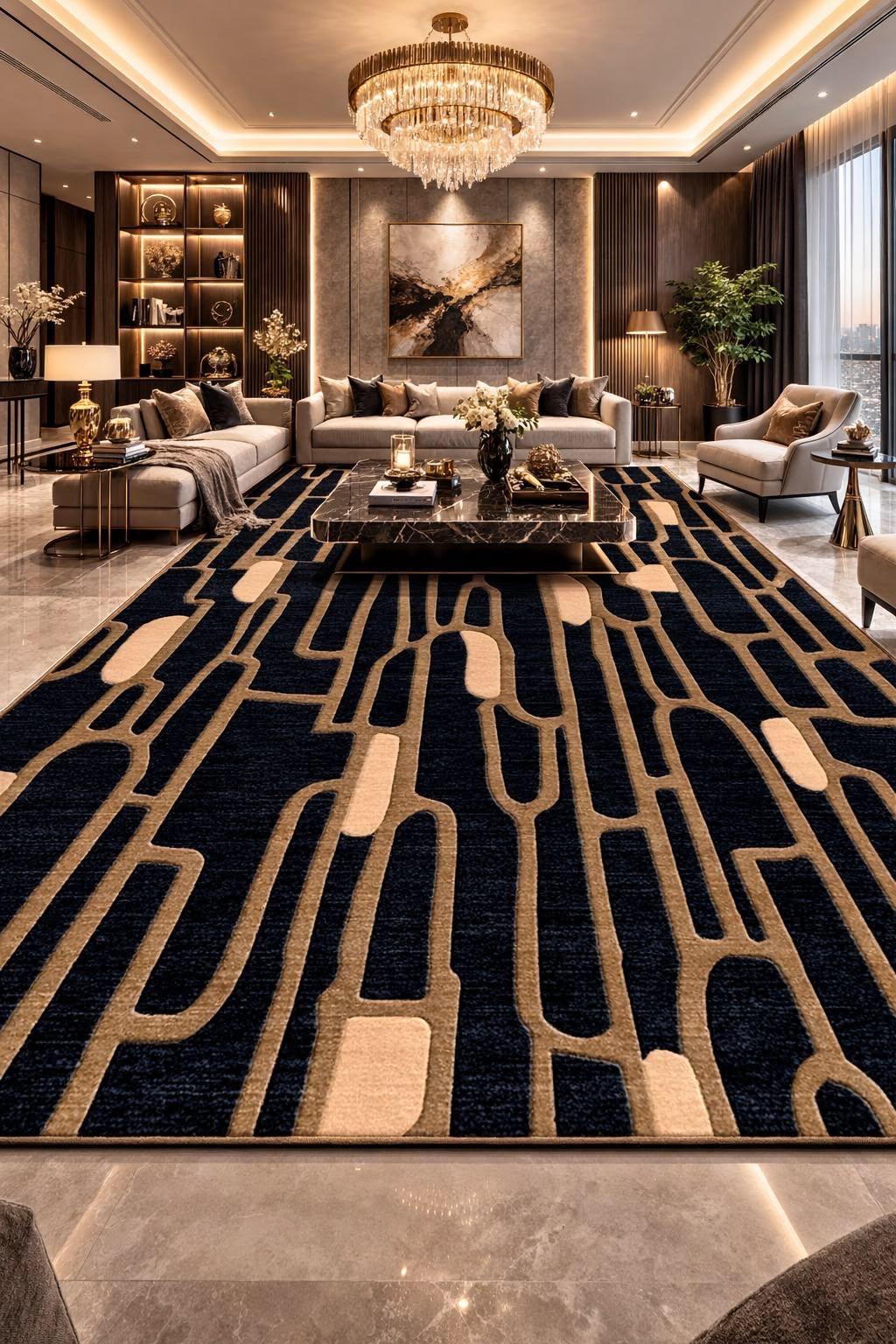 Metropolis Art Deco Grand Area Rug in Midnight & Gold-the rug gallery
