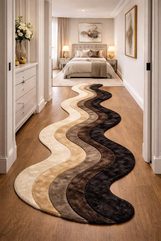 Modern Abstract Wavy Runner Rug for Bedroom & Hallway – Soft Plush Neutral Area Rug-THE RUGGALLERY