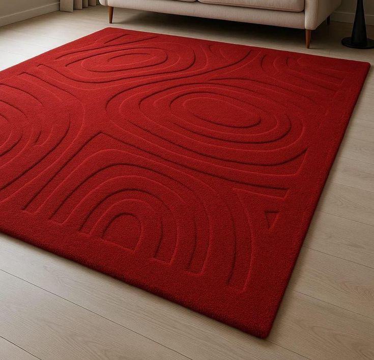 Luxury 3D Embossed Red Area Rug – Modern Minimalist Plush Living Room & Bedroom Carpet