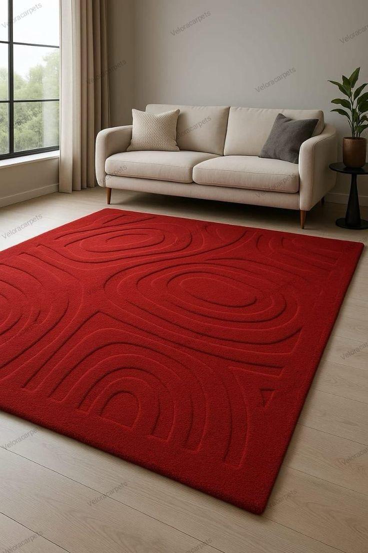 Luxury 3D Embossed Red Area Rug – Modern Minimalist Plush Living Room & Bedroom Carpet