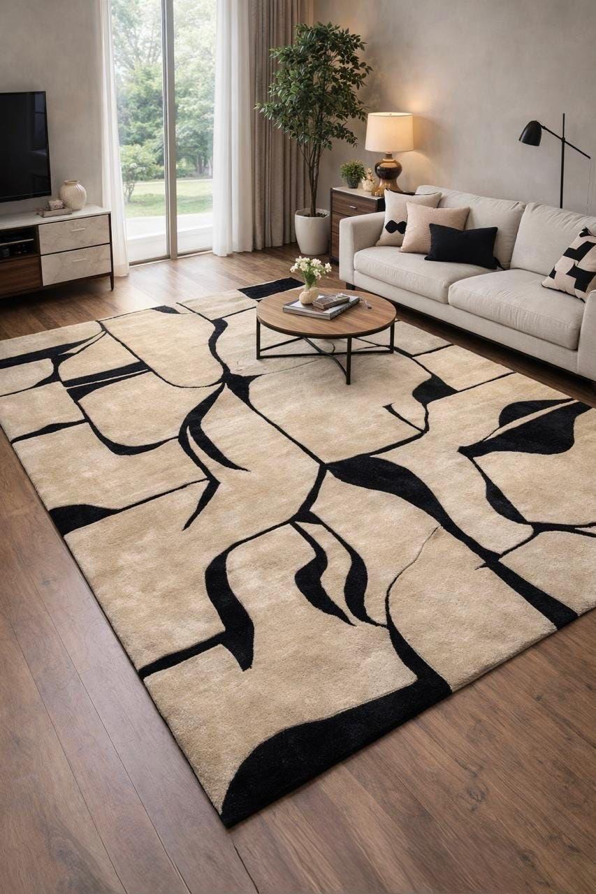 Modern Abstract Line Art Area Rug – Contemporary Beige & Black Minimalist Living Room Carpet