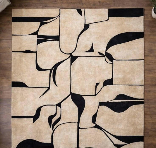 Modern Abstract Line Art Area Rug – Contemporary Beige & Black Minimalist Living Room Carpet