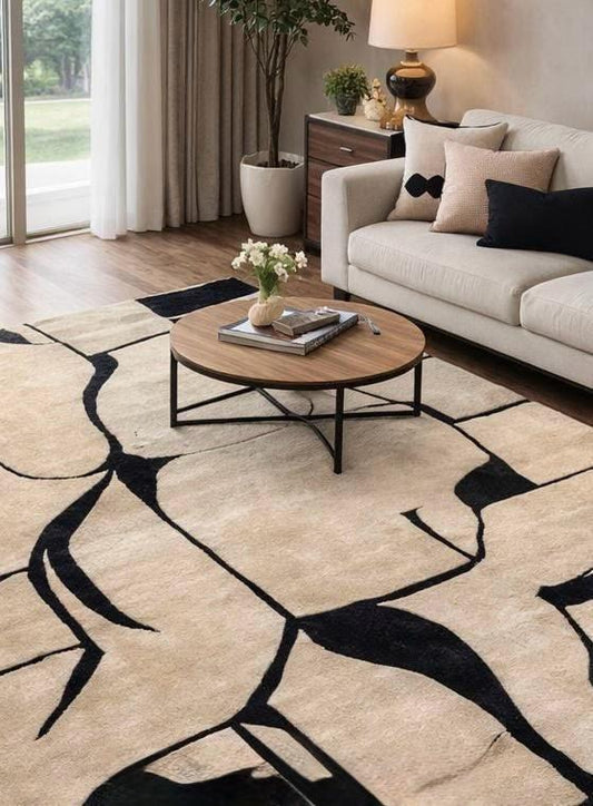 Modern Abstract Line Art Area Rug – Contemporary Beige & Black Minimalist Living Room Carpet