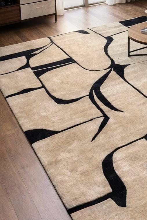 Modern Abstract Line Art Area Rug – Contemporary Beige & Black Minimalist Living Room Carpet